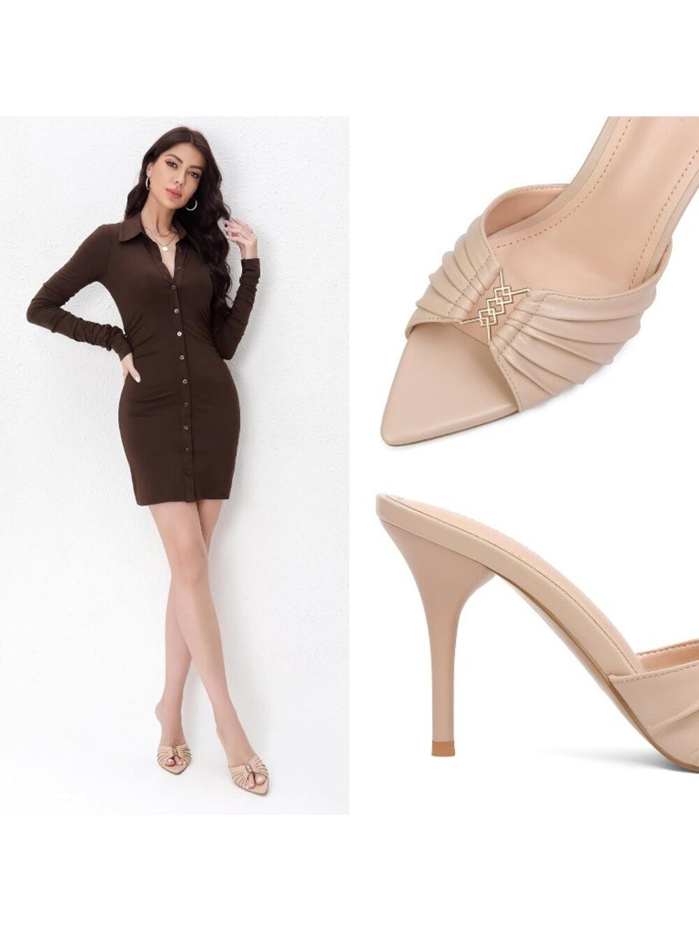 Women's Nude Faux Leather Pointed Toe Stylish Elegant Comfortable High Heel - Picture 3 of 6